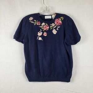 Alfred Dunner Navy Blue Floral Embroidered Short Sleeve Ramie Cotton Sweater M